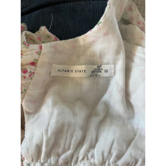 Altar'd State Floral Peplum Top Puff Sleeve Tie Back Pink Ivory Blouse M - Picture 3 of 10